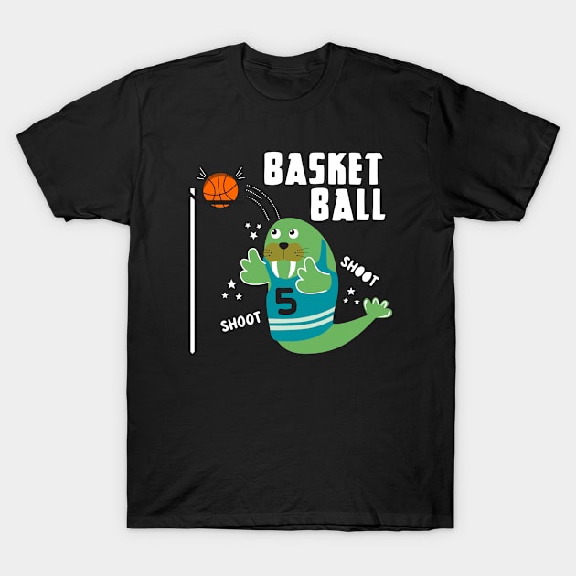 Walrus playing basketball cartoon T-Shirt by Mako Design 